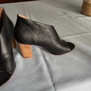 Catherines Black Open-Peep Toe Block Heel Booties with Wood-Effect Heel